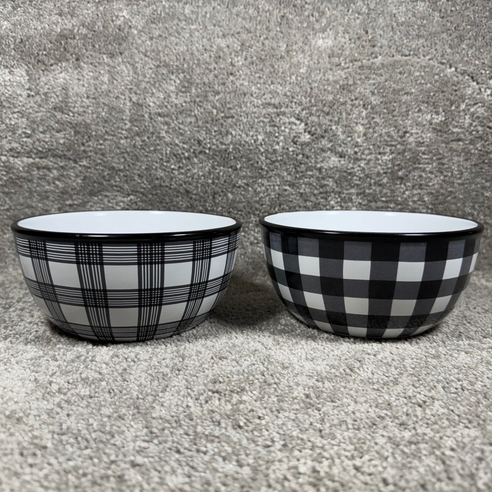 Robert Stanley Bowls Black White Buffalo‎ Check Plaid Farmhouse Set of 2